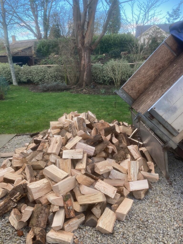 A 2 cubic metre load of split hardwood logs tipped loose on a gravel drive beside a trailer